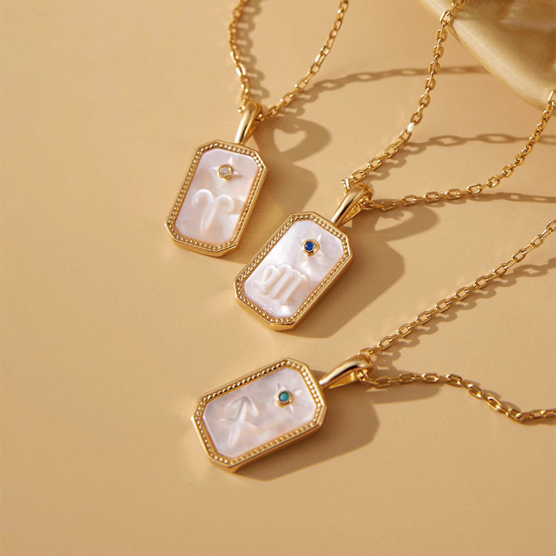 法国topwhit十二星座项链印记浮雕毛衣链白贝贝母男女18k金高级