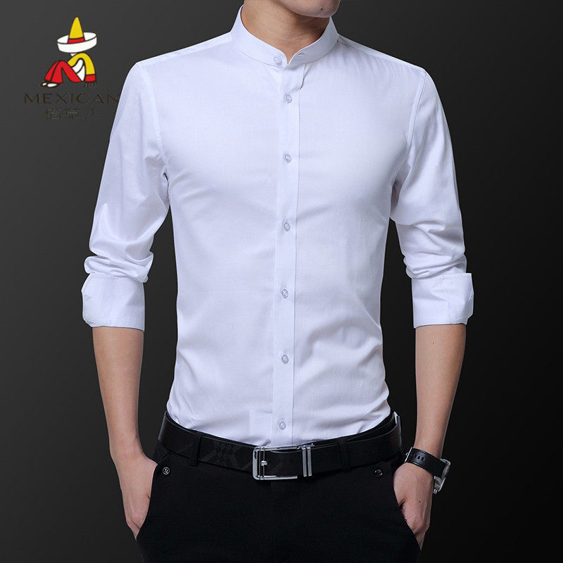 易打理衬衫男士长袖大码白衬衣春秋季休闲修身纯色衬衫轻商务男装