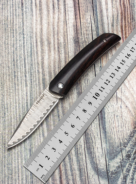 福利价Chung Kui黑檀木柄大马士革钢高端水果刀锋利户外折叠刀