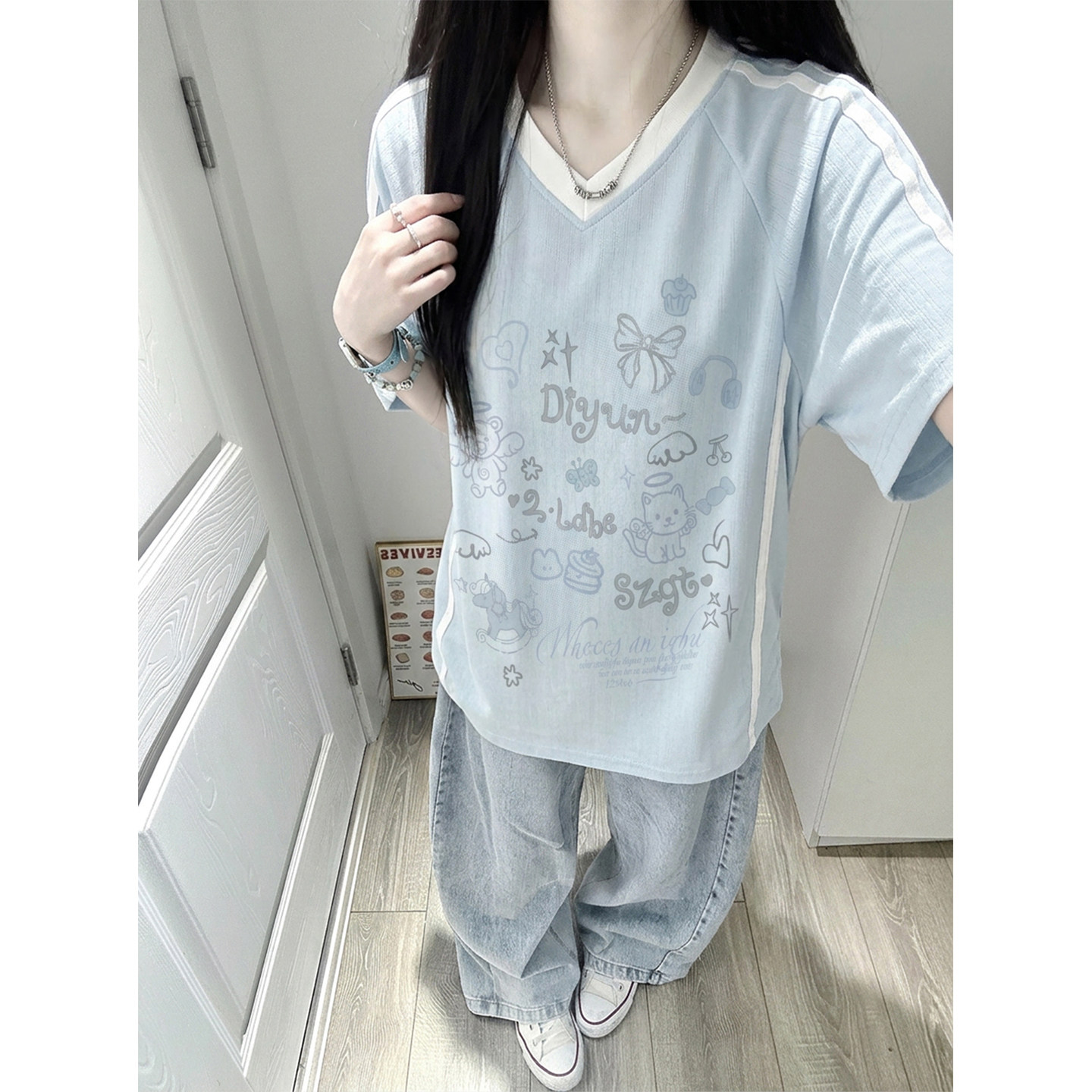 YZRF撞色V领短袖T恤女夏季甜美穿搭宽松超好看半袖上衣美式复古潮