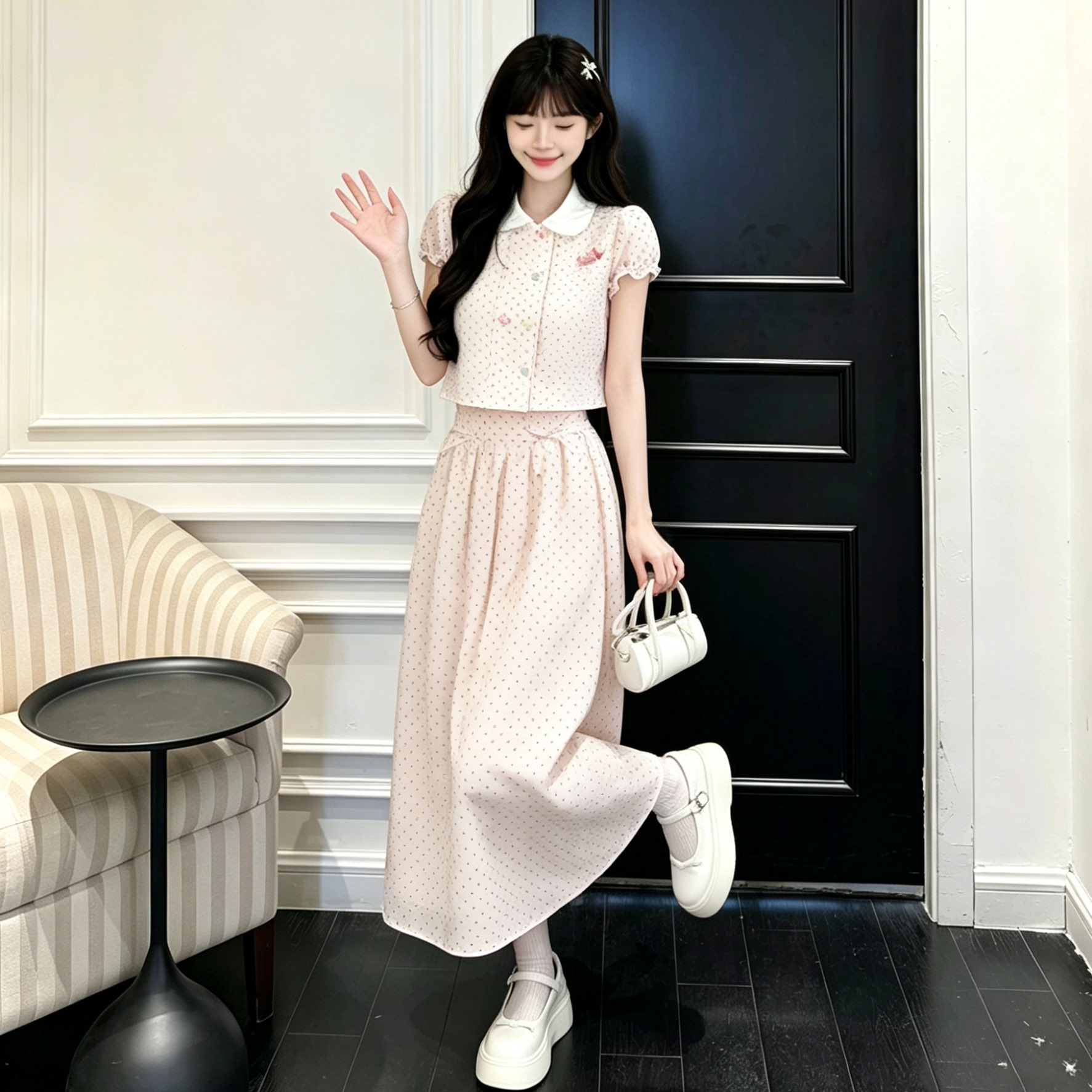 多巴胺穿搭套装女夏装2026新款甜美千金风波点衬衫上衣半裙两件套
