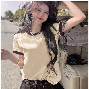 宽松含棉正肩撞色t恤设计感上衣宽松体恤女 新款 短袖 女2026年夏季