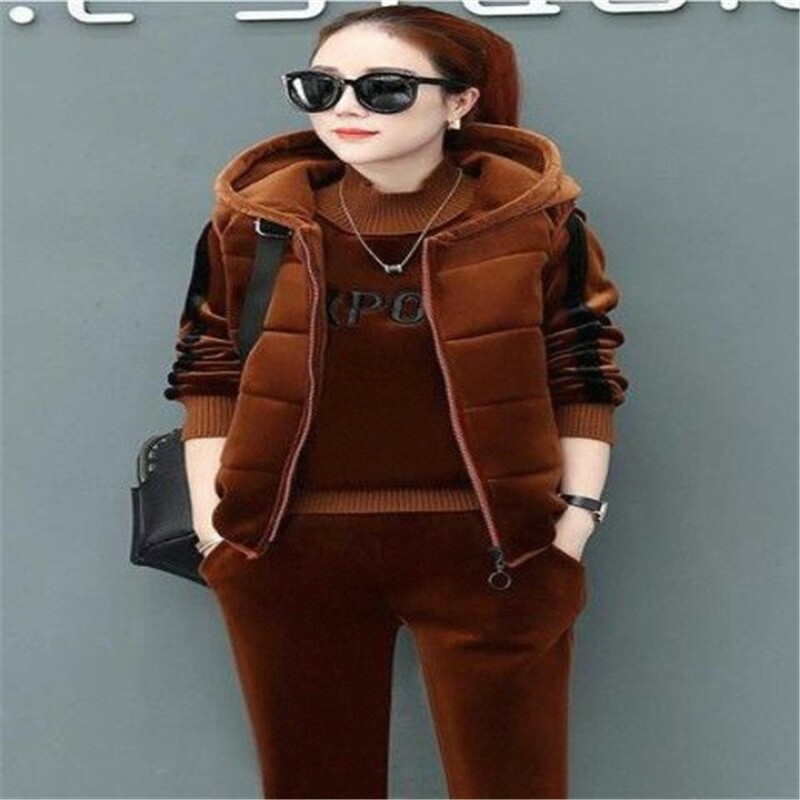 加绒加厚金丝绒运动套装女冬季半高领保暖双面绒休闲服卫衣三件套