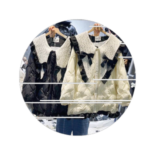 娃娃领羽绒服大码女装冬蝴蝶结海军领羽绒棉服女冬菱格纹保暖外套