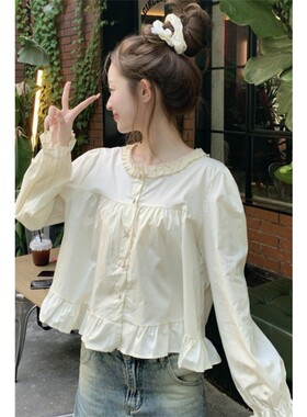 甜美女短款小众设计感衬衫娃娃衫蕾丝长袖花边春秋衬衣上衣小个子