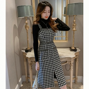 轻奢毛呢格子吊带裙两件套小香春秋气质女神范修身背带连衣裙套装