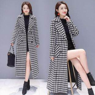时尚百搭格子毛呢外套冬中长款修身气质时尚千鸟格毛呢大衣潮女款