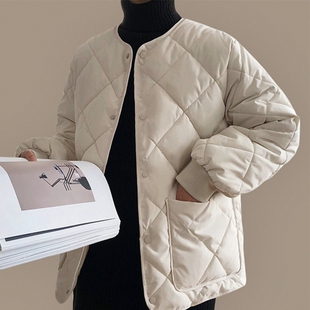 宽松纯色菱格棉衣棉服潮棉袄女冬装韩版外套女学生圆领加厚面包服