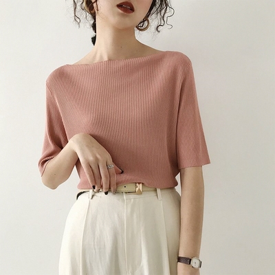 短袖T恤女夏2025新款韩版修身气质一字领冰丝仿针织宽松胖MM上衣