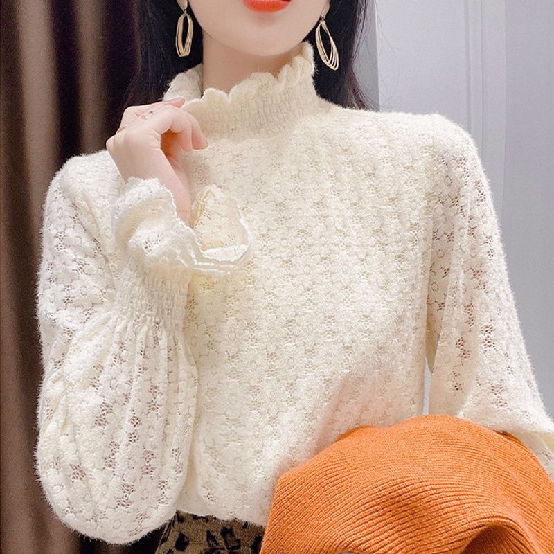 2025内搭植绒保暖秋冬加绒上衣蕾丝衫女打底衫小衫半高领洋气长袖