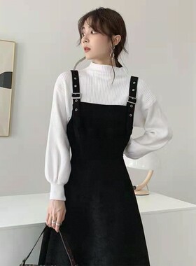 2026新款法式复古气质连衣裙收腰显瘦毛衣背带长裙女春秋两件套装