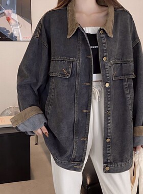 大码宽松牛仔外套女春秋学生bf风胖mm中长款遮屁股夹克上衣ins潮