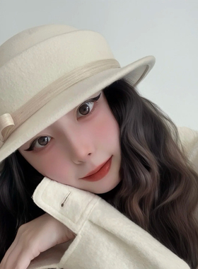 秋冬新款羊毛千金风蝴蝶结礼帽女赫本风优雅盆帽百搭显脸小贝雷帽