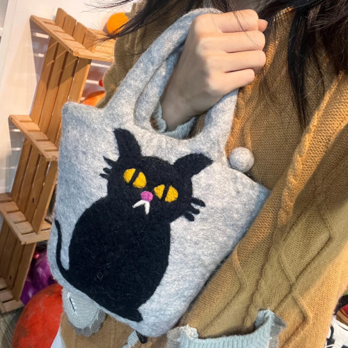 ins风手工羊毛毡猫咪手机袋秋冬新款可爱猫咪日系森女动物手提包
