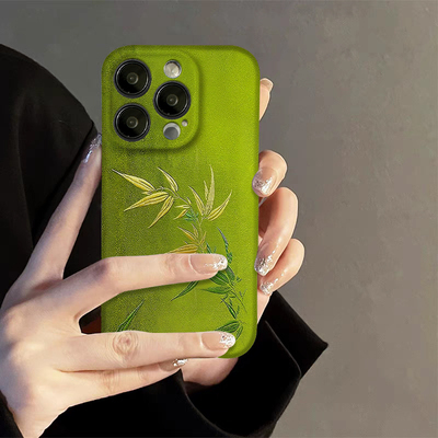 新中式绿竹菲林适用iPhone15/14promax手机壳华为p70软IQOOneo9小米红米k70硬OPPOreno9苹果13pro二合一12/11