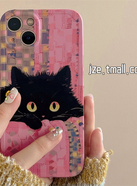 焱焱韩系可爱少女心黑色猫咪适用苹果14手机壳iPhone13ProMax新款15pro防摔12女款11硅胶14pro小众创意小米14