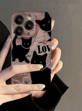 焱焱高级感复古报纸黑色小猫咪适用于iphone15promax苹果14小众13手机壳韩风11可爱卡通夏日新款12菲林二合一