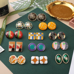 森系复古宫廷vintage珐琅釉耳钉925银针 时髦百搭耳环气质女 法式