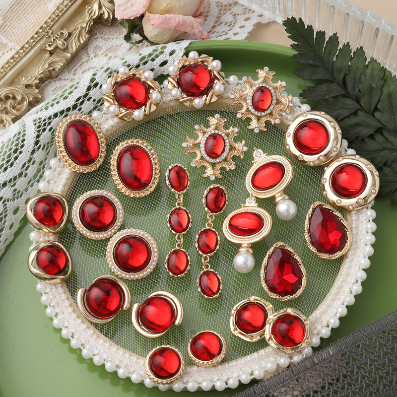 vintage古董奢华80年代红色耳钉女 复古港风925银针怀旧耳环耳夹