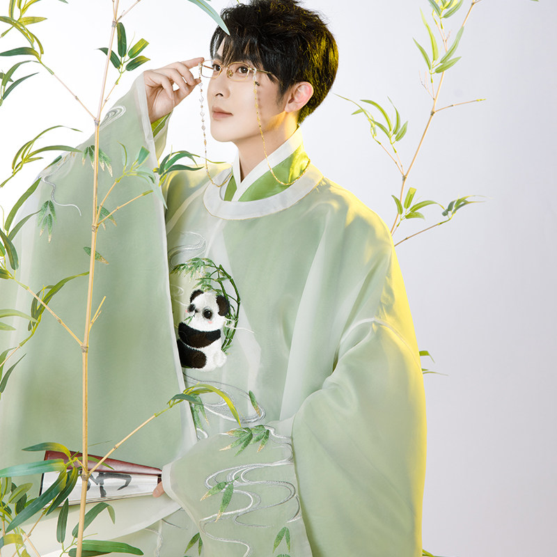 煌月 竹子滚滚 熊猫小梦同款绣花圆领袍直裰道袍明制汉服男女同款