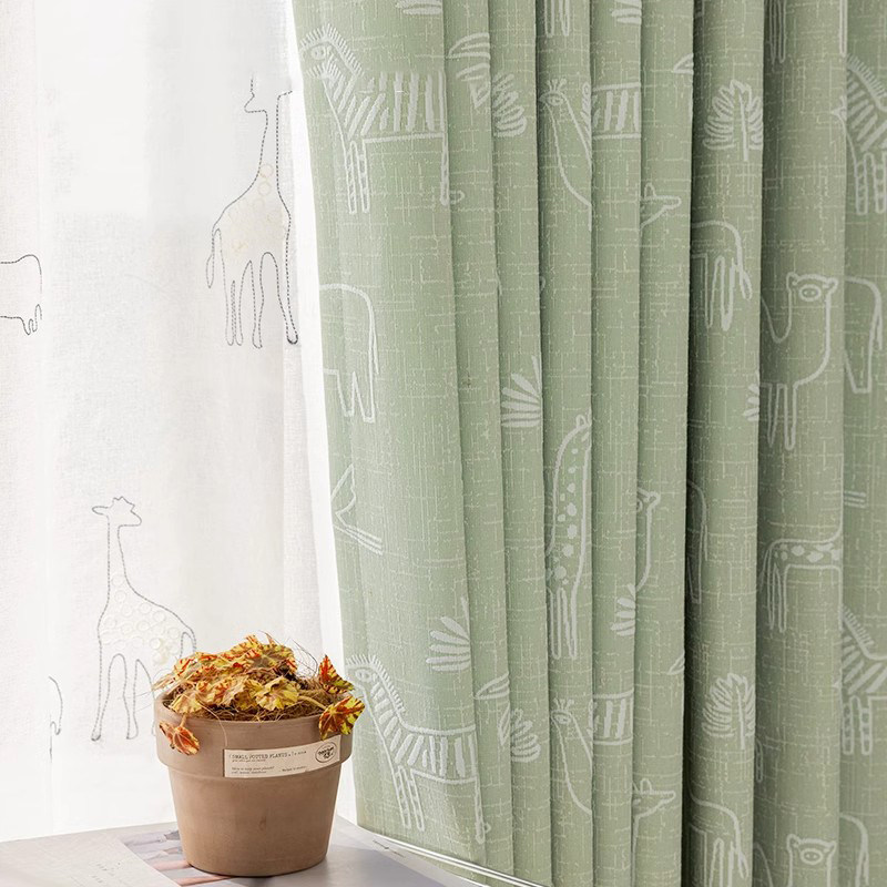 2025新款卡通遮光窗帘现代儿童房男孩女孩卧室飘窗提花绿色雪尼尔