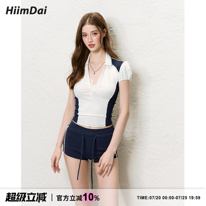 HiimDai 美高 球衣运动风蕾丝拼泡泡短袖POLO领修身T恤&短裤套装
