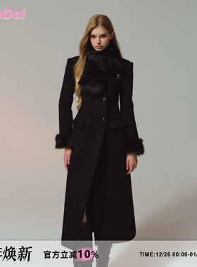 HiimDai 留洋大小姐Pro Max 100%绵羊毛黑色沙漏腰双面呢长款大衣