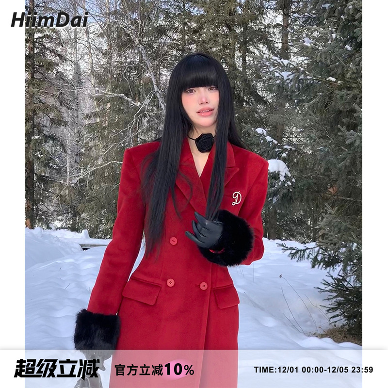 hiimdai复古红色双面呢大衣