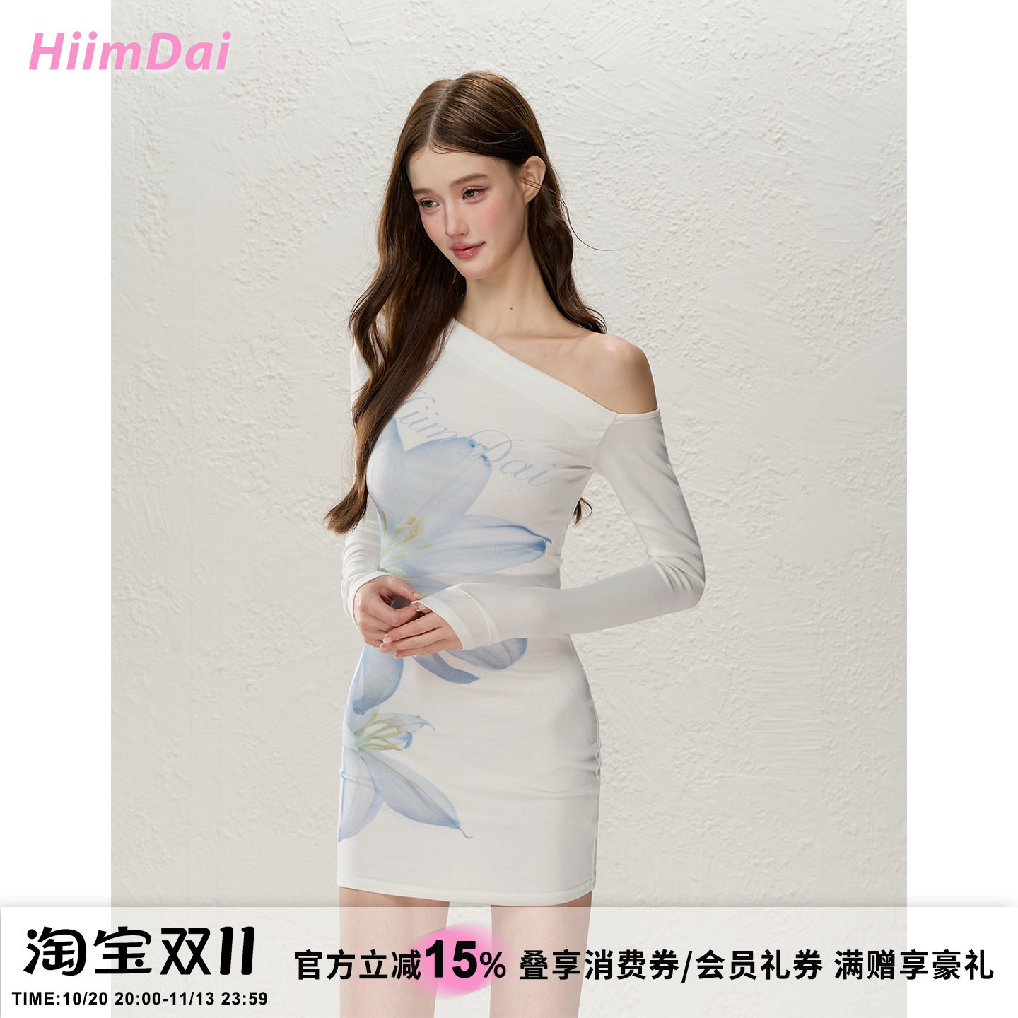 HiimDai 青瑶华 设计感原创印花修身斜肩显瘦收腰包臀紧身连衣裙