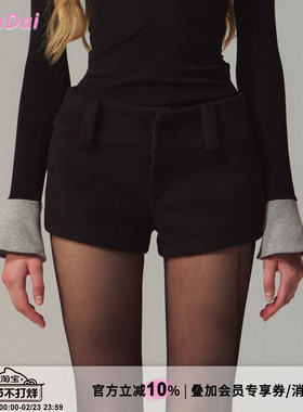 HiimDai 五边形比例裤 含羊毛简约黑色显瘦百搭 低腰毛呢包臀短裤