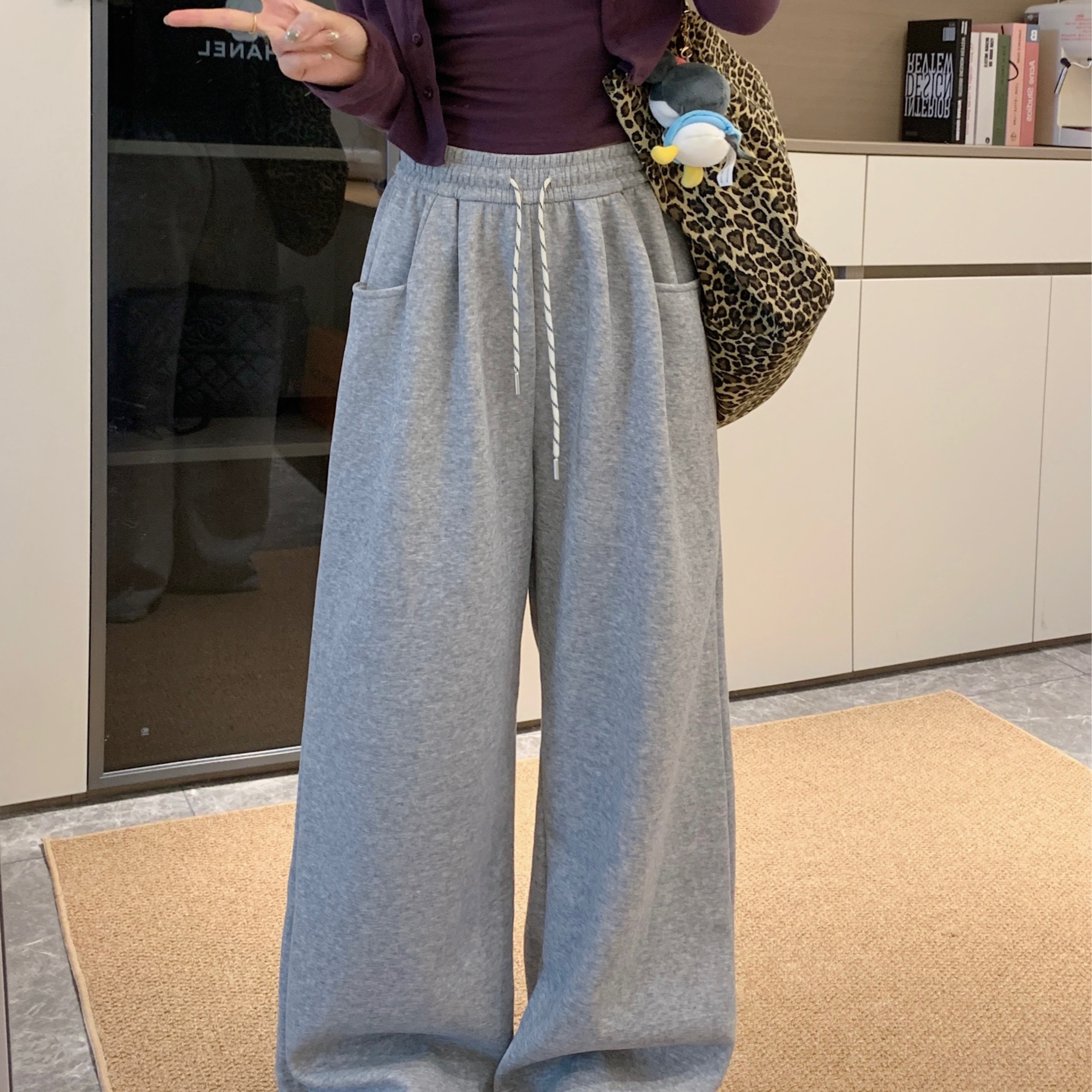 茶粒籽~超绝松弛裤 卫裤休闲裤秋冬女阔腿裤拖地长裤灰色裤子