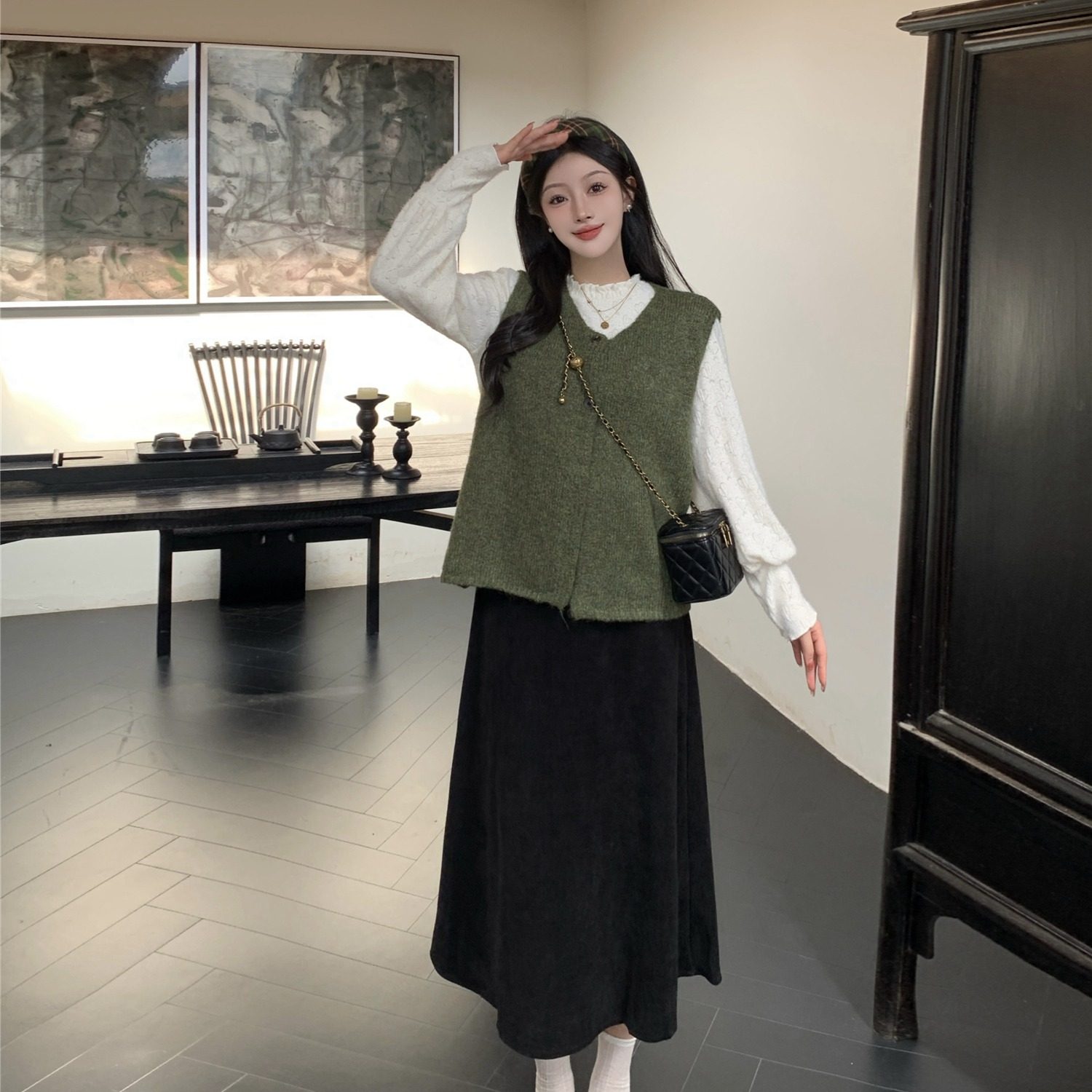 茶粒籽~秋冬复古百搭毛衣背心马甲+设计感蕾丝打底衫+长款半身裙,女装/女士精品,大码套装,淘宝优惠券,粉丝福利购,淘宝优惠卷