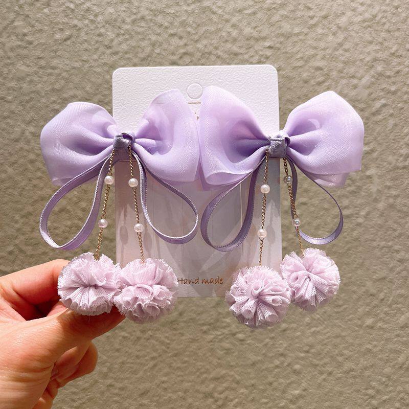 春夏新款蝴蝶结儿童果冻纱珍珠链发夹小女孩毛球发饰公主头饰对夹