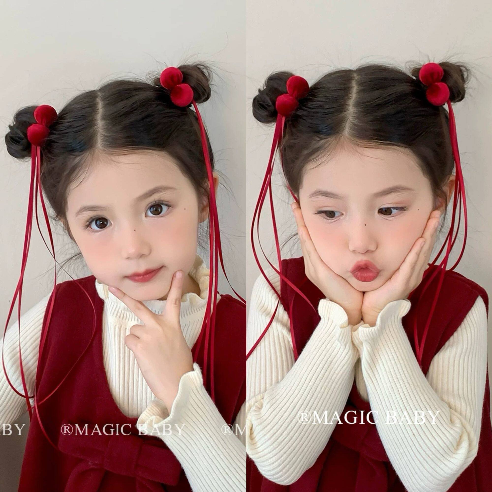 喜庆酒红色小球球丝带发圈女童新年发饰宝宝皮筋儿童过年头饰头绳