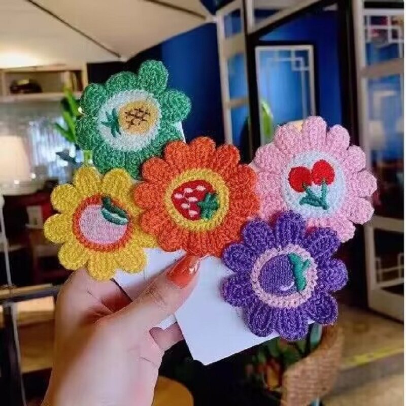 太阳花朵水果毛线发夹新款针织布艺边夹少女笑脸ins雏菊儿童头饰