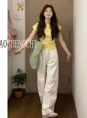 MIAOSHENGCHI定制白色波点宽松阔腿裤女夏季复古加长抽绳牛仔裤子