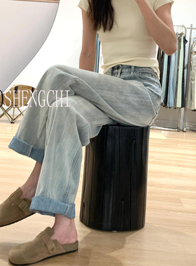 MIAOSHENGCHI高个子竹节纹直筒牛仔裤女春夏加长显瘦怀旧蓝拖地裤