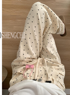 MIAOSHENGCHI定制高个子杏色波点抽绳牛仔裤女春夏加长宽松直筒裤