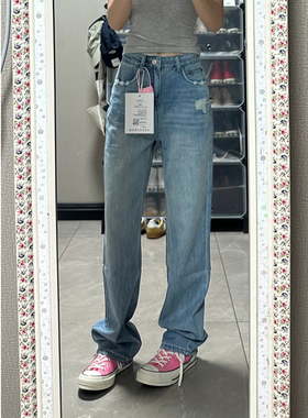 MIAOSHENGCHI定制高个子170阔腿牛仔裤女春秋磨破浅蓝加长直筒裤