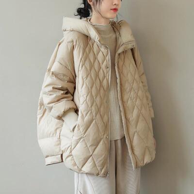 2024秋冬新款韩版时尚羽绒服女装中长款宽松连帽菱格白鸭绒外套潮