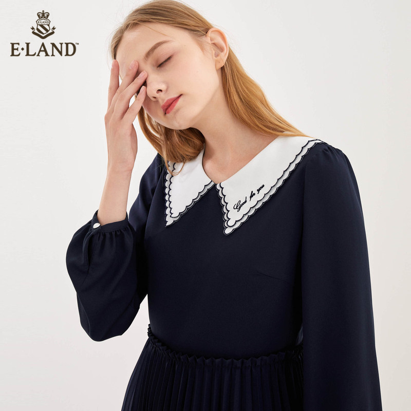 ELAND2020甜美减龄拼接百褶娃娃花边领连衣裙EEOWA8703I