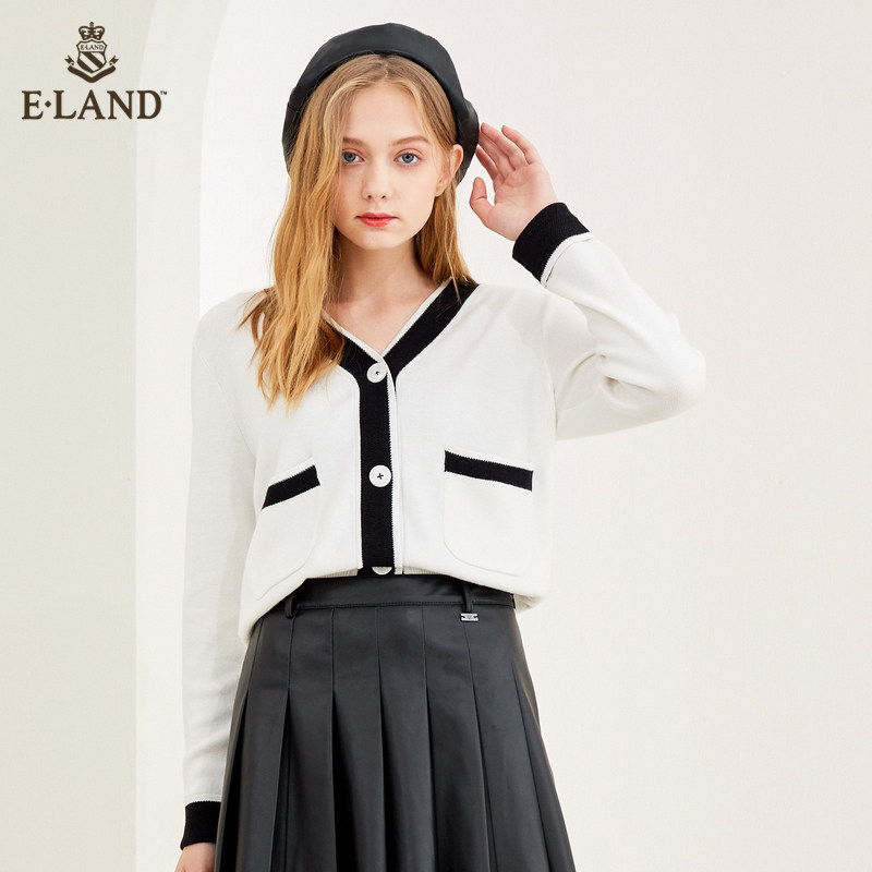 ELAND2020秋季新款纯色淑女V领针织开衫外套女EECKA8802I
