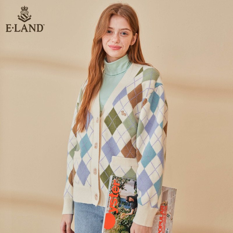 ELAND2020秋季新款复古港风刺绣菱格V领针织开衫女EECKA8901I