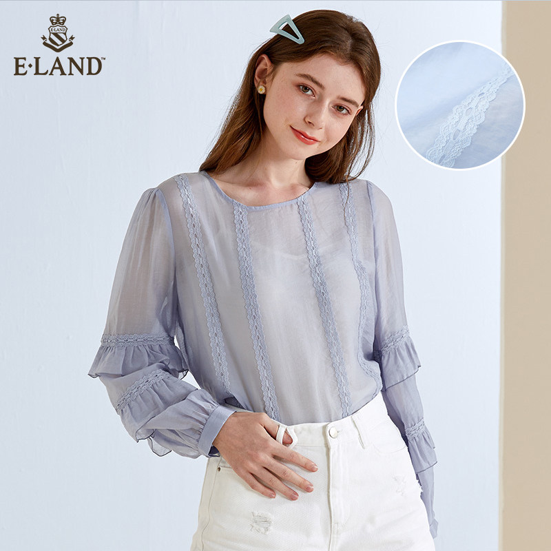 ELAND法式小众设计感衬衫女拼接蕾丝圆领长袖EEBW98731I