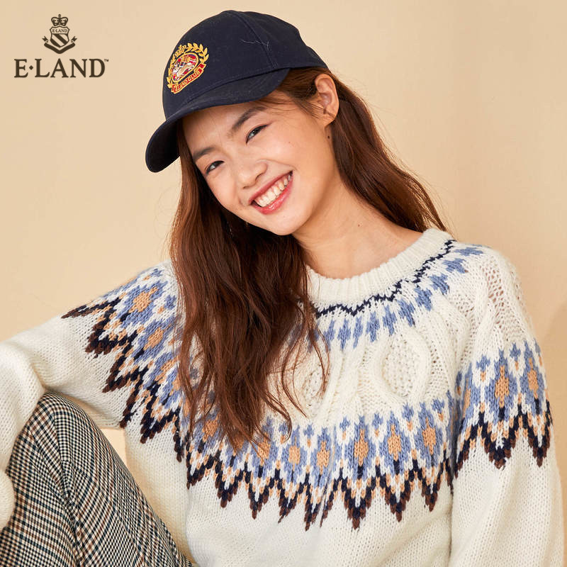 ELAND2020冬季新款复古风圆领撞色宽松套头毛衣女EEKWA8V03I