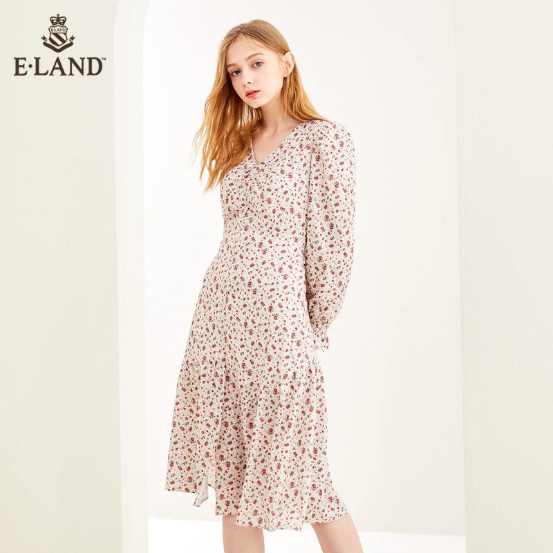 ELAND2020秋季V领法式小众温柔风碎花连衣裙女EEOWA8801I