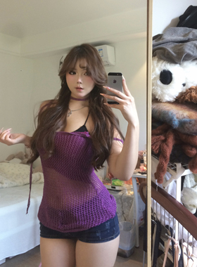 荔桃想睡觉ya |紫色狠有韵味！针织吊带背心镂空上衣百搭收腰透气