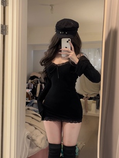 荔枝爱睡觉 |秋冬纯欲黑色蕾丝长袖打底包臀裙~显身材开衫慵懒