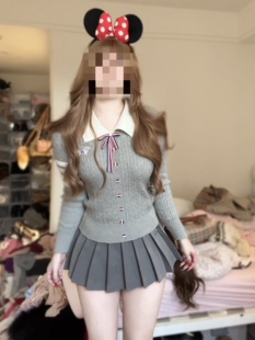 女秋冬POLO领毛衣百褶裙 学院风针织套装 荔桃想睡觉ya 学院甜心