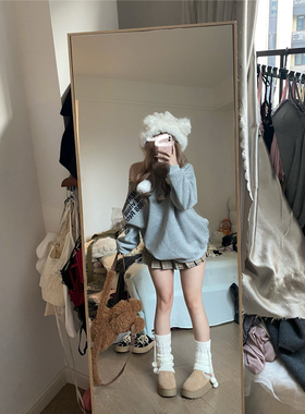 荔桃想睡觉ya |灰色美式露肩卫衣宽松设计感字母oversize慵懒上衣